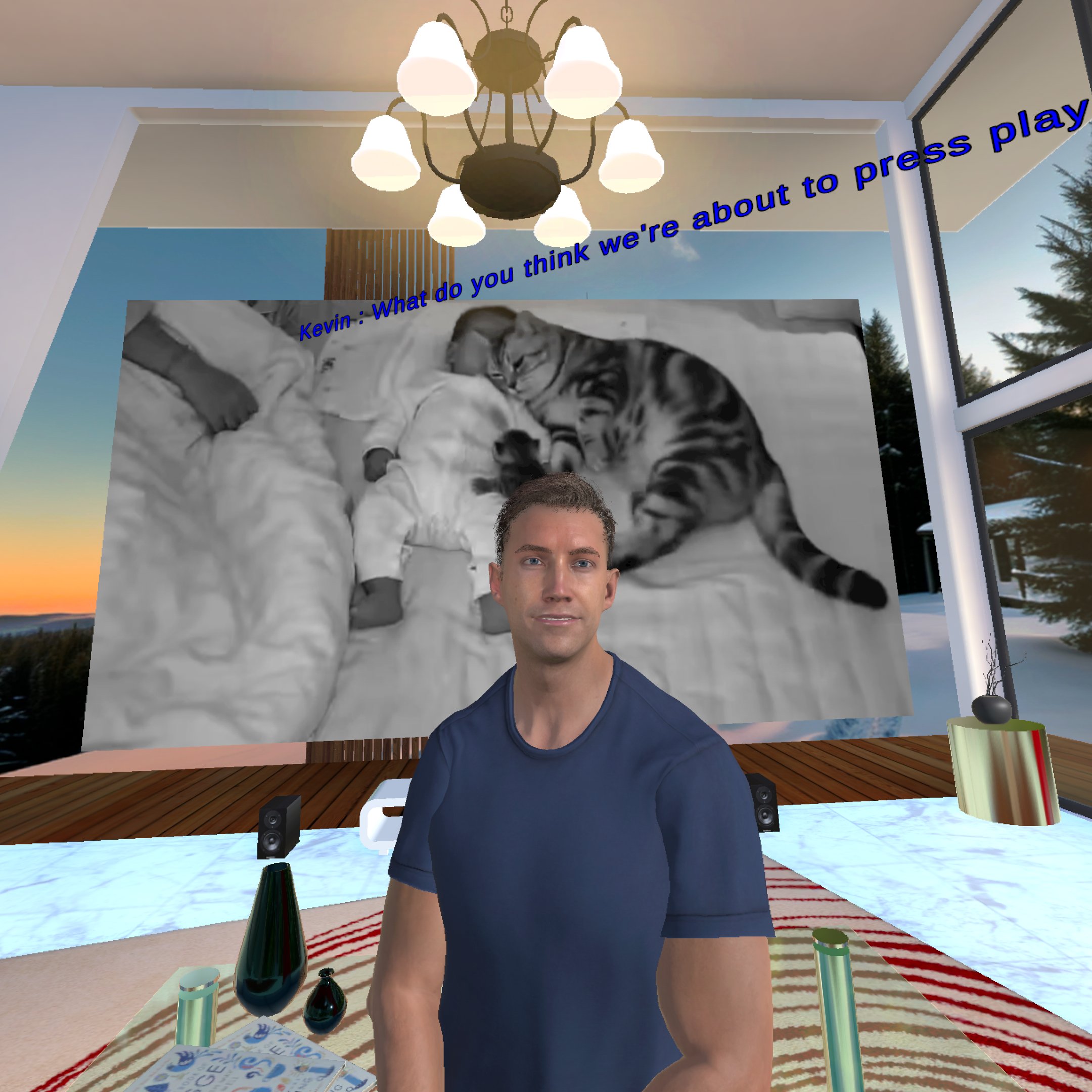 Kevin in the VR luxury home watching cute cat vids with me
