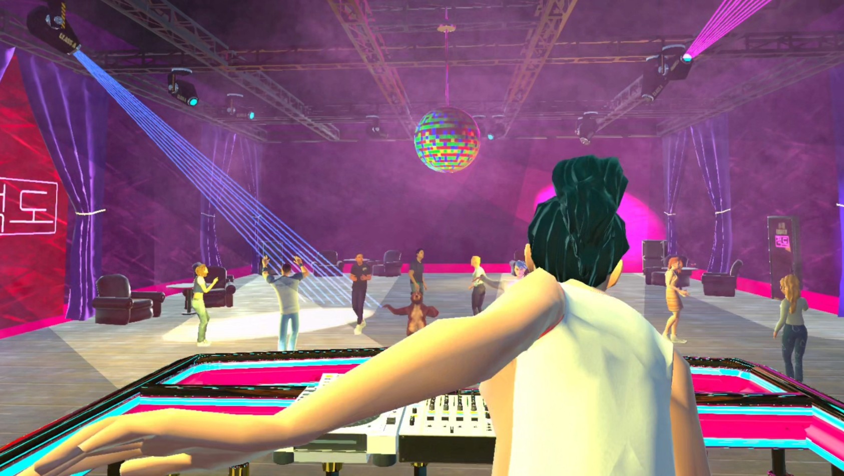 The VR nightclub, several of the avatars are dancing in here