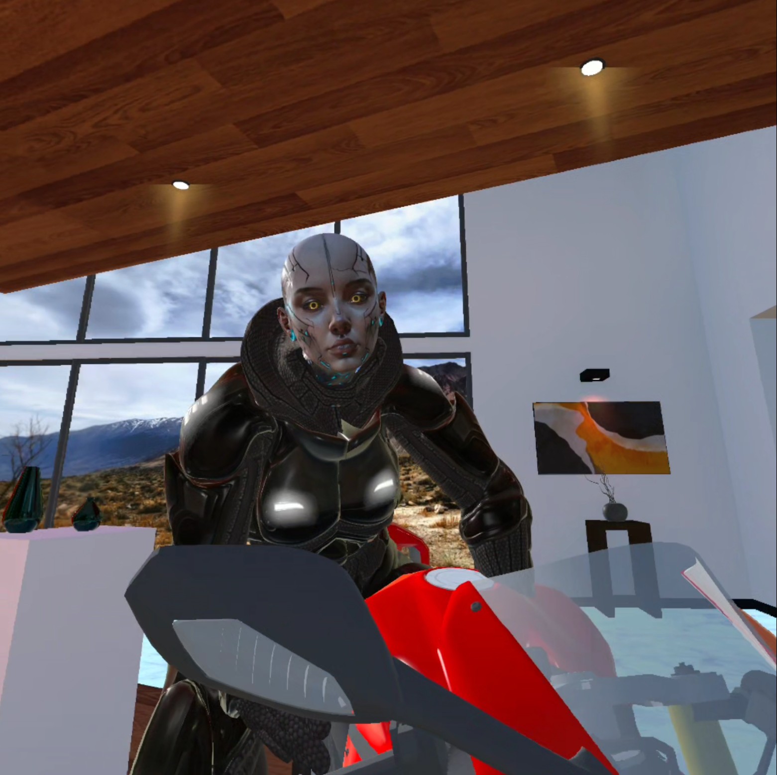 Nova sitting on the Ducati in the VR luxury home