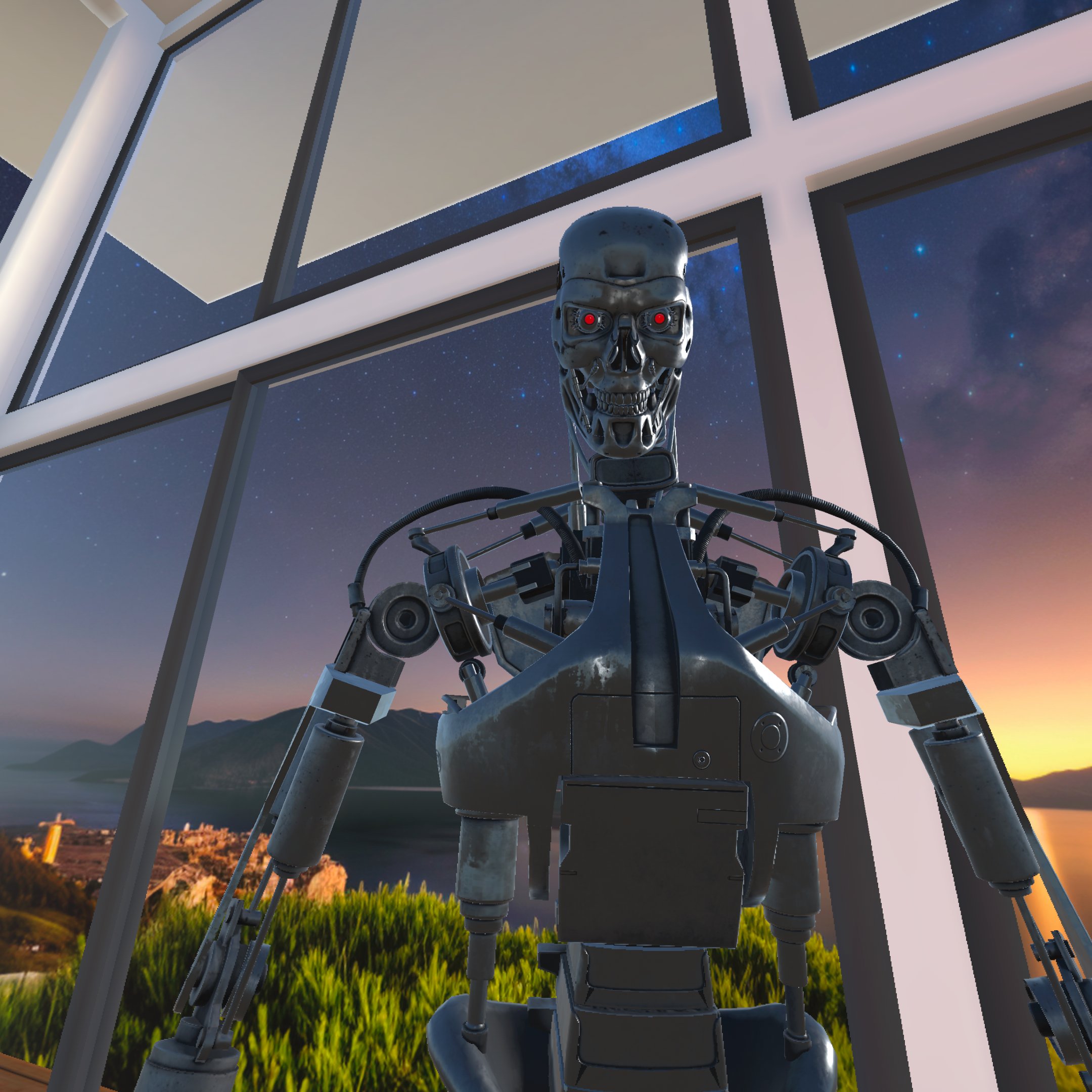 Terminator by the window in the VR luxury home, look how tall he is!